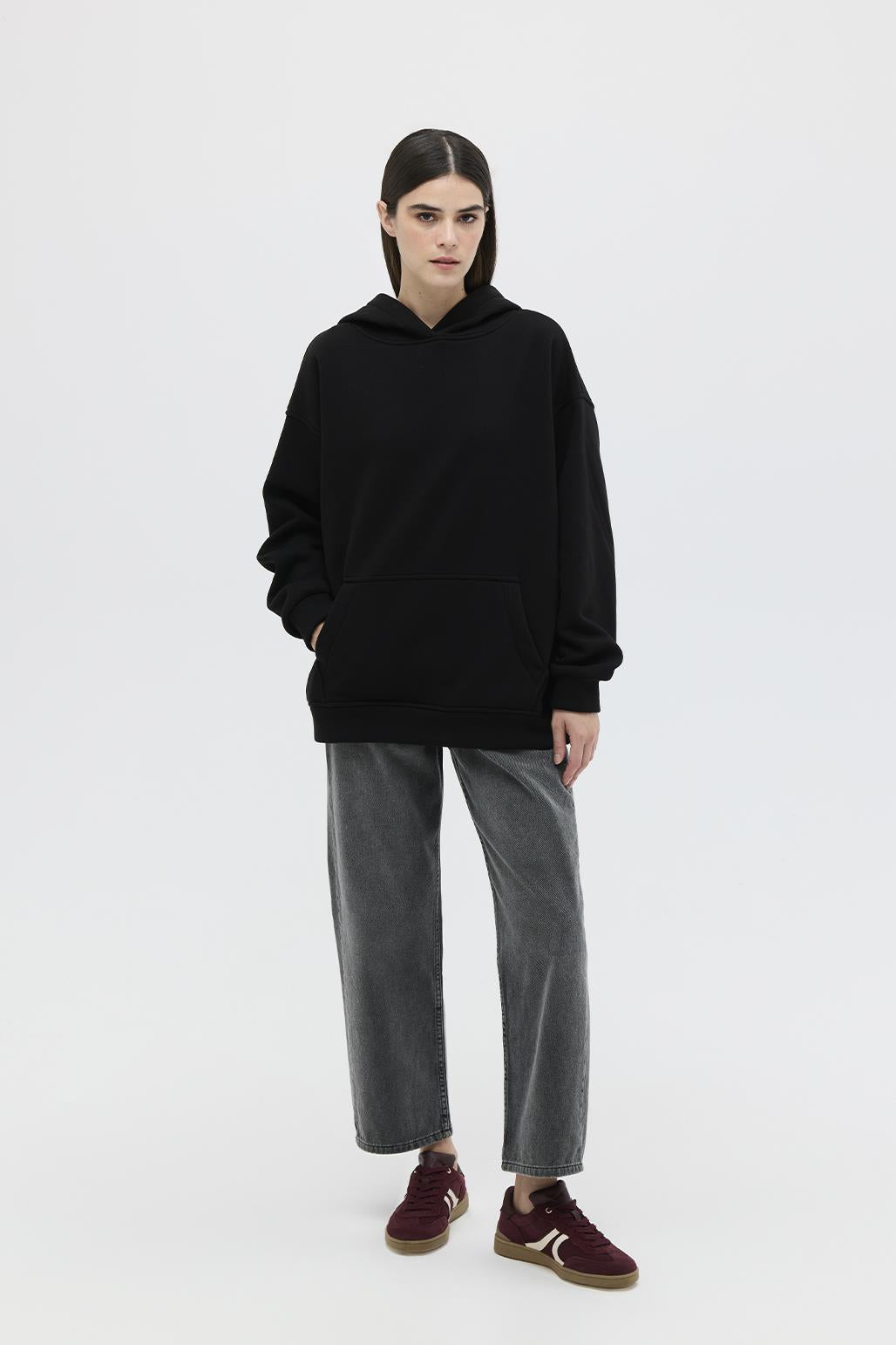 Şardonlu Kapüşonlu Sweatshirt Siyah