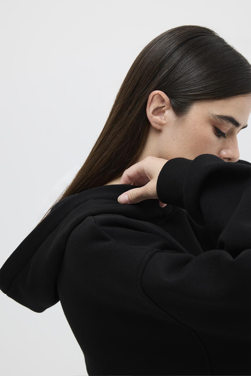 Şardonlu Kapüşonlu Sweatshirt Siyah