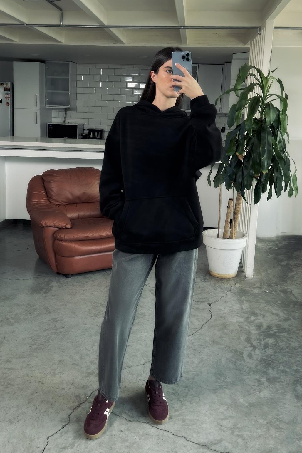 Şardonlu Kapüşonlu Sweatshirt Siyah