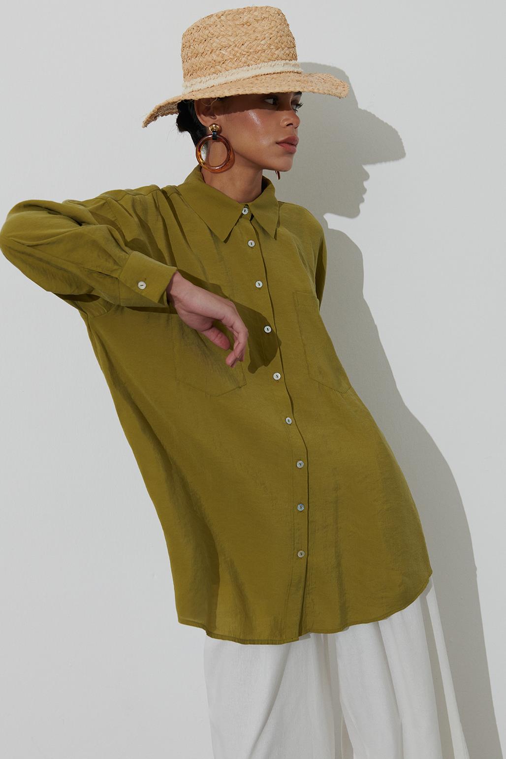 Sedef Düğmeli Modal İpek Gömlek Haki Yeşil