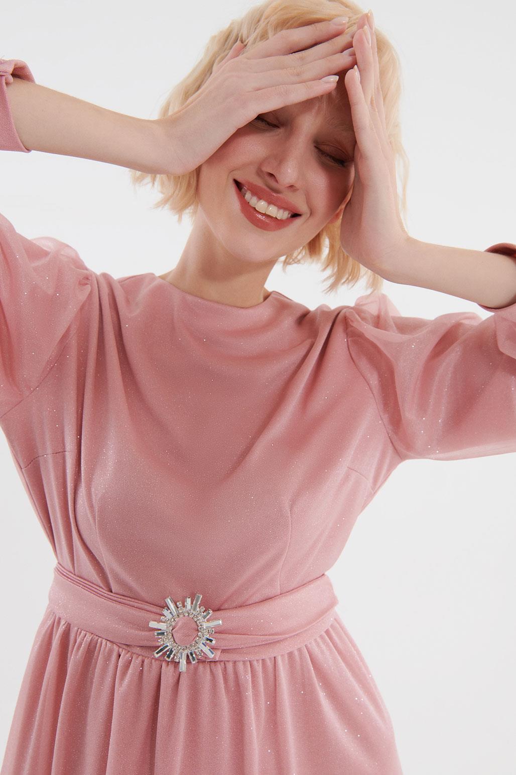 Simli Taşlı Kemerli Elbise Pembe