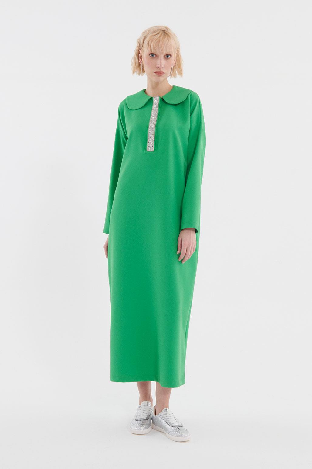 Taş İşleme Detaylı Elbise Yeşil