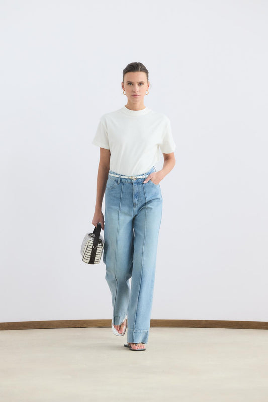 Yüksek Bel Çimalı Geniş Paça Kot Pantolon Açık Mavi