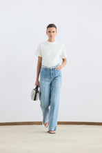 Yüksek Bel Çimalı Geniş Paça Kot Pantolon Açık Mavi