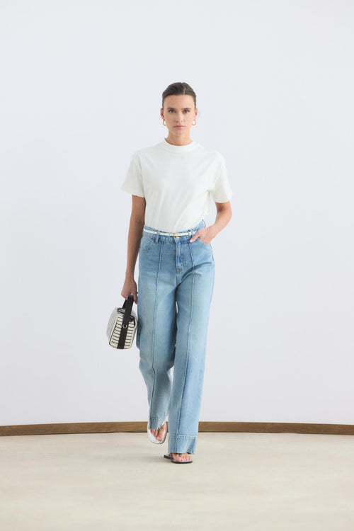 Yüksek Bel Çimalı Geniş Paça Kot Pantolon Açık Mavi