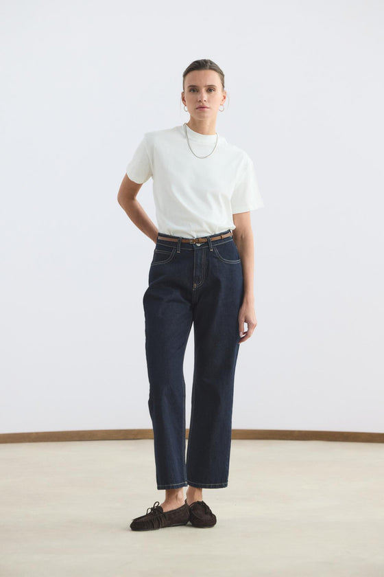 Yüksek Bel Düz Paça Kot Pantolon Koyu Mavi