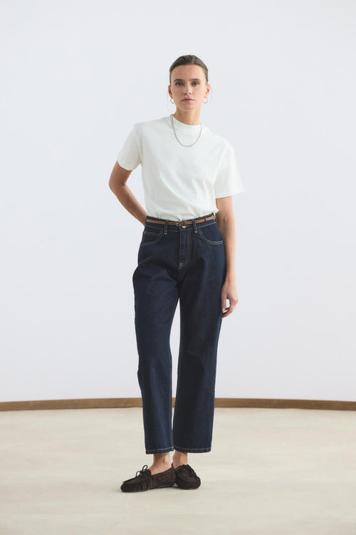 Yüksek Bel Düz Paça Kot Pantolon Koyu Mavi