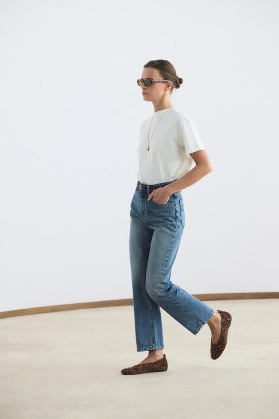 Yüksek Bel Düz Paça Kot Pantolon Orta Mavi