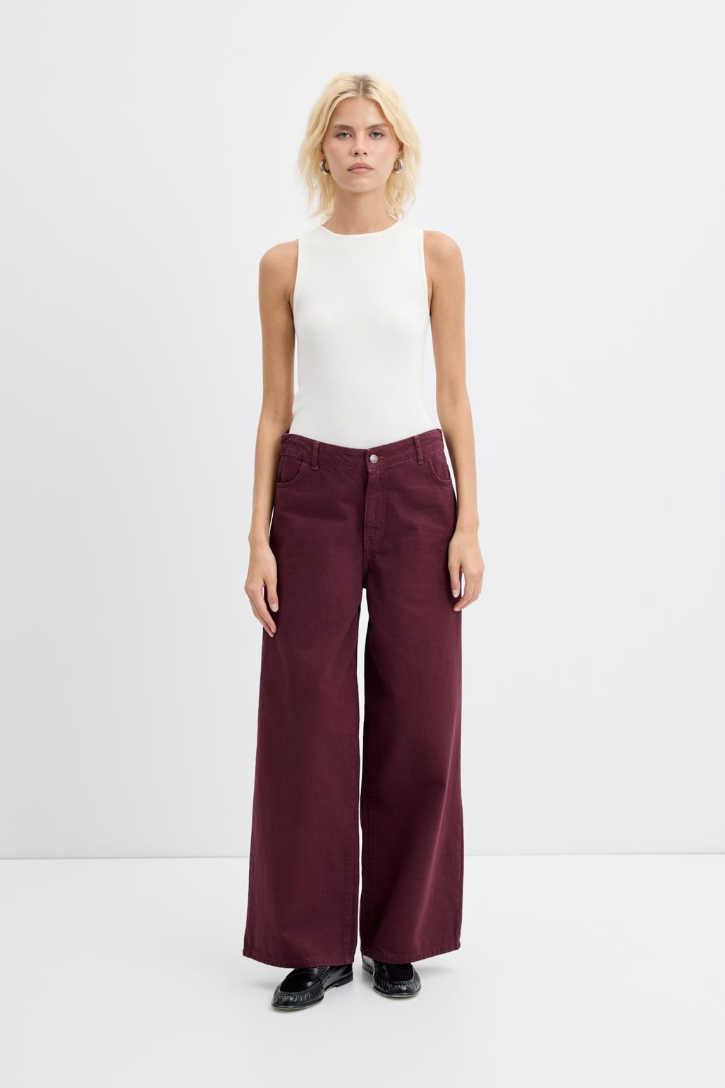 Yüksek Bel Geniş Paça Gabardin Pantolon Bordo