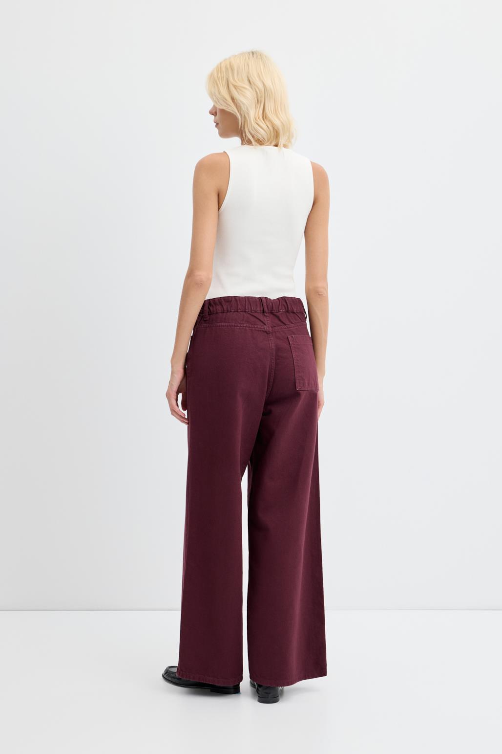 Yüksek Bel Geniş Paça Gabardin Pantolon Bordo