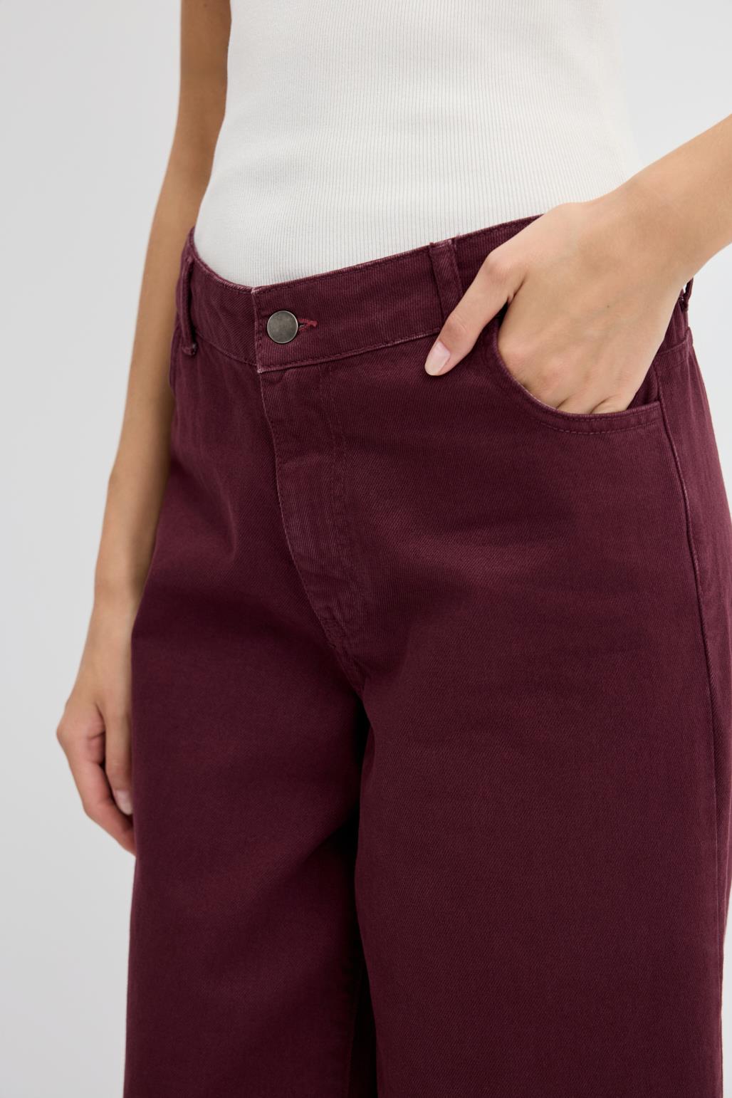 Yüksek Bel Geniş Paça Gabardin Pantolon Bordo