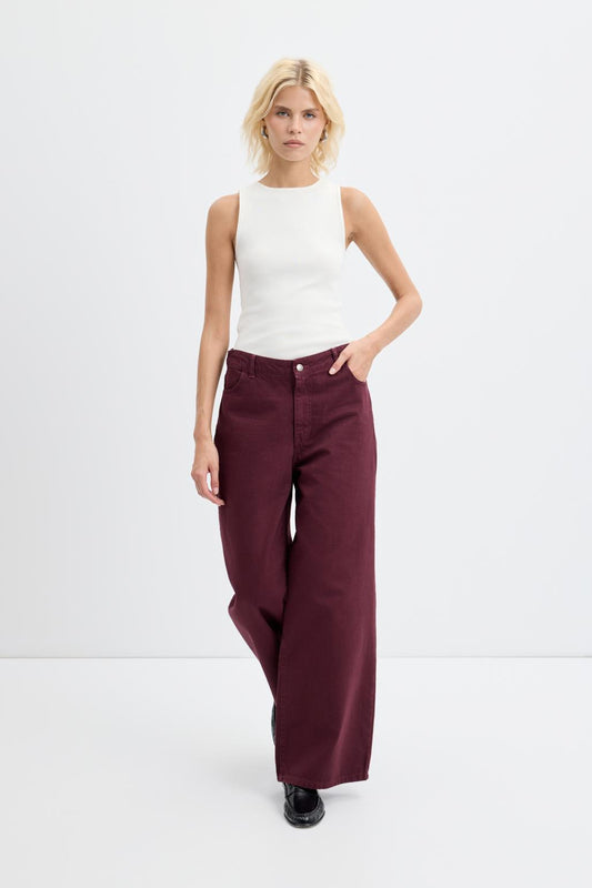 Yüksek Bel Geniş Paça Gabardin Pantolon Bordo