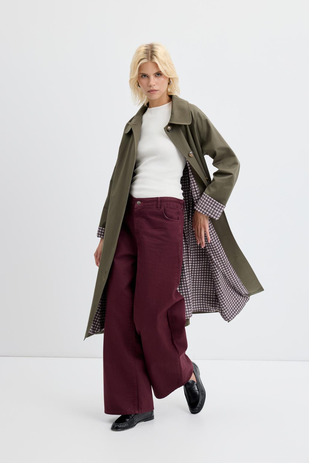 Yüksek Bel Geniş Paça Gabardin Pantolon Bordo