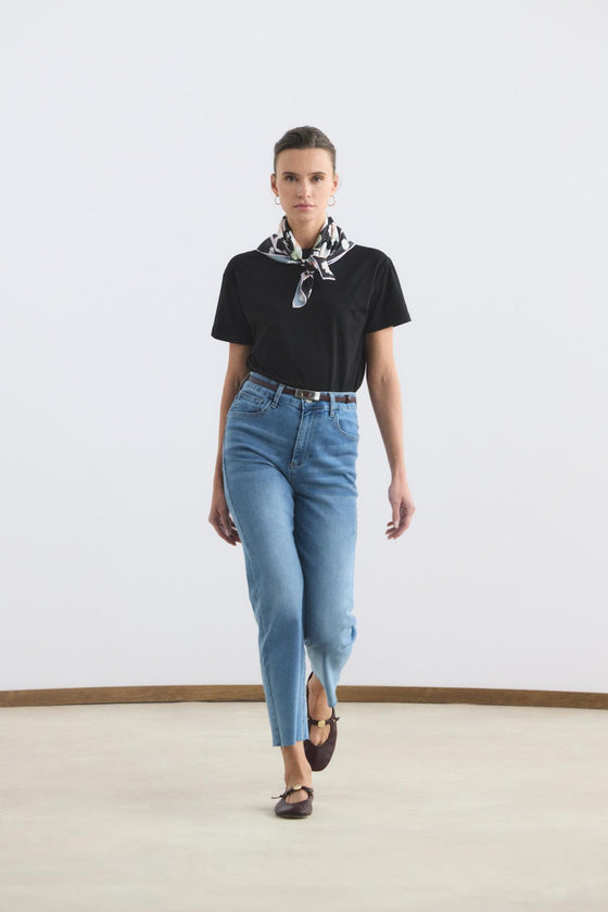 Yüksek Bel Kısa Kesim Çan Paça Kot Pantolon Açık  Mavi