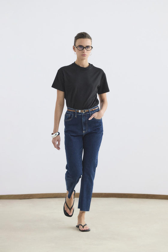 Yüksek Bel Kısa Kesim Çan Paça Kot Pantolon Koyu Mavi