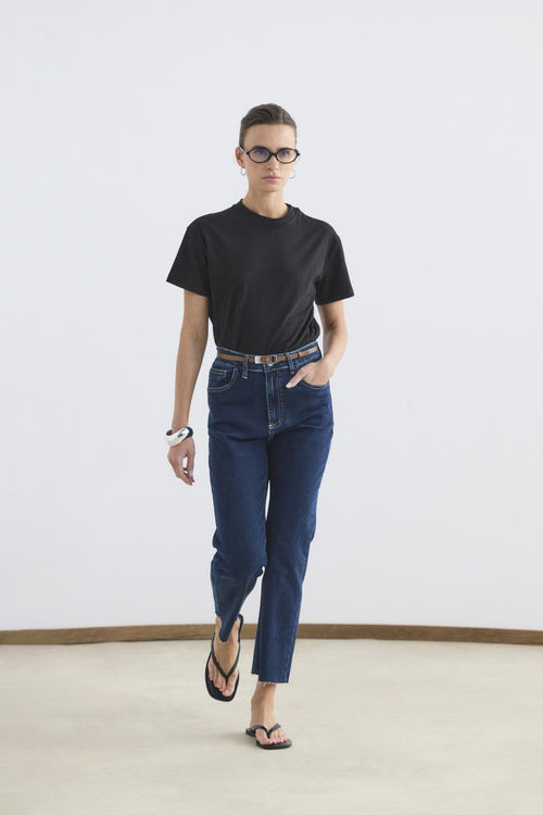 Yüksek Bel Kısa Kesim Çan Paça Kot Pantolon Koyu Mavi