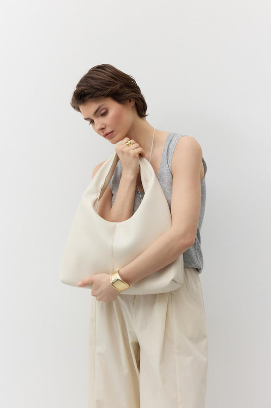 Yumuşak Dokulu Deri Tote Çanta Ekru